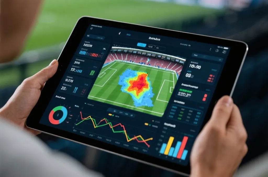 High-tech tablet display showing live football stadium stats heatmaps and performance graphs